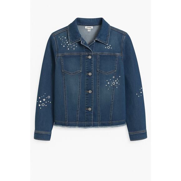 Chico’s Americana Fireworks Denim Jacket Size 2 Studded Stars Distressed Hem - Picture 2 of 8